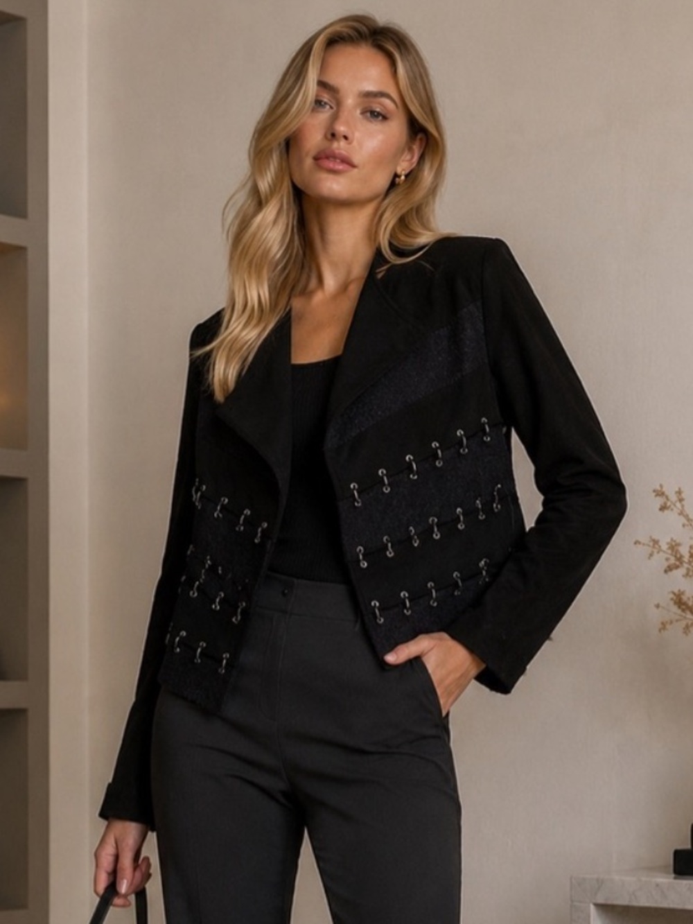 Ipekyol Black Suede Velvet Hook Detail Asymmetric Statement Jacket US 6